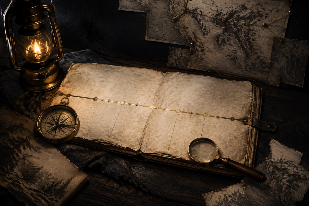 Original fan-made illustration of a brass compass and field ledger used to track frontier updates